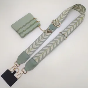 Wide replacement bag strap with embroidered leaf pattern, detachable coin purse and phone tether.