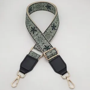 Retro ethnic embroidered wide replacement bag strap with adjustable metal hardware and leather ends