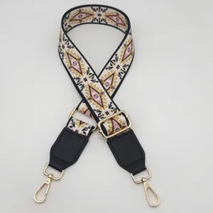 Ethnic print adjustable bag strap, retro replacement crossbody shoulder strap with metal hardware.