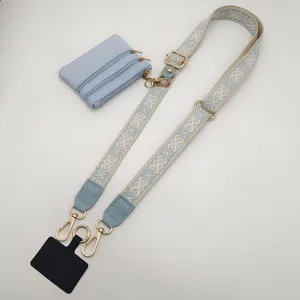 Helleblaue gewebte Handykette Gurt Detail mit kleiner Münztasche und Goldbeschlag.