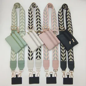 Wide Embroidered Leaf Pattern Crossbody Bag Strap With Detachable Coin Purse Phone Lanyard Accessories