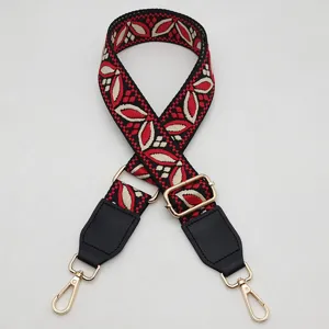 Tracolla di ricambio etnica jacquard con estremità in pelle PU e fibbie dorate regolabili.