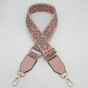 Retro ethnic embroidered wide bag strap, adjustable crossbody replacement strap with gold hardware.