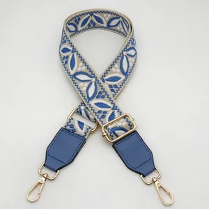 Vista dettagliata della tracolla di ricambio in jacquard blu da 3.8cm con pelle PU e metallo.