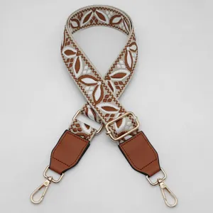 Dettaglio della tracolla di ricambio, cintura jacquard regolabile con accessori in metallo dorato.