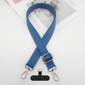 Correa cruzada para teléfono móvil azul ajustable con ganchos de metal resistentes y lengüeta.