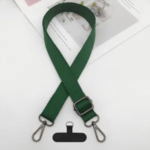 Correa de hombro para teléfono móvil ajustable en verde oscuro con herrajes metálicos.