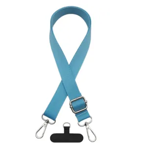 Correa ajustable azul para teléfono cruzada con ganchos metálicos para bolsos y móviles.