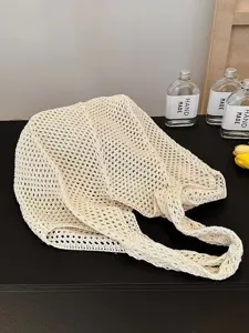 Beige knitted mesh tote bag, large capacity casual single shoulder bag for women daily use.