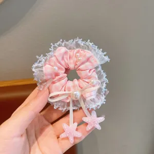 Pink plaid lace scrunchie detail view, featuring sweet star pendants and delicate pearls.