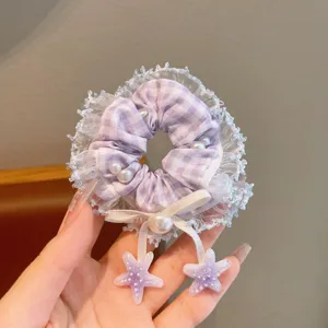 Korean style purple plaid lace scrunchie with cute pearls and starfish pendants for women.