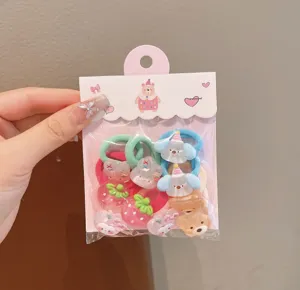 Cute cartoon hair ties set with resin charms for kids daily hair styling and accessories.