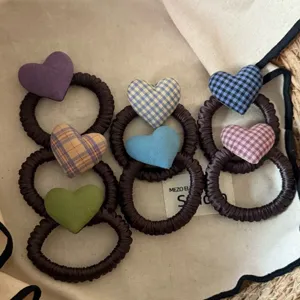 Korean Retro Heart Plaid Hair Scrunchies Satin Elastic Hair Ropes Cute Ponytail Holder Hair Accessories For Women And Kids