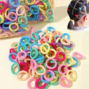 Detailed view of colorful elastic hair ties for kids, mini seamless towel rings bulk
