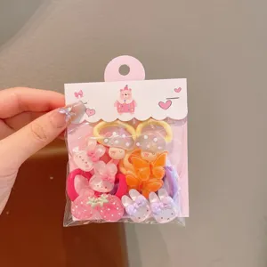 Cute children hair ties set with cartoon resin charms, colorful elastic hair bands for girls.