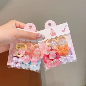 Cute kids hair ties detail, colorful cartoon rabbit bow hair scrunchies for little girls.