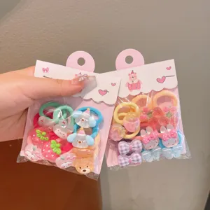 Cute cartoon kids hair ties set with colorful bow and lovely bear strawberry charms for girls.
