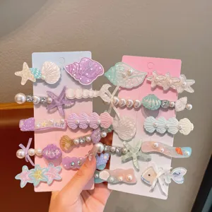 Cute mermaid shell pearl hair clips set for little girls, sweet ocean design bobby pins.