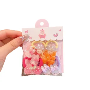 Cute kids hair ties set with resin charms cartoon bow rabbit mushroom pink package main view