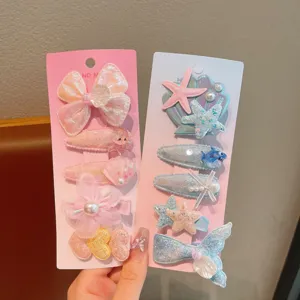 Kids shell mermaid hair clips set sweet pink blue resort style cute glitter clips for girls