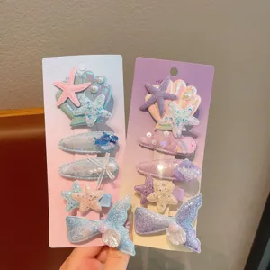Children seashell mermaid hair clip set with sparkly glitter and pearl cute designs for girls