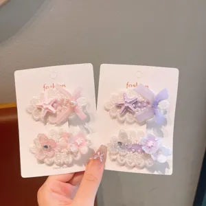 Sweet lace hair clips set with cute bow, starfish and pearls for women daily charming wear.
