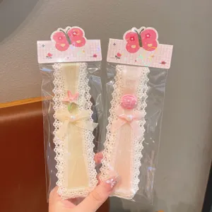 Cute children fringe hair stickers with lace edges, pastel yellow and pink colors for sweet girls.