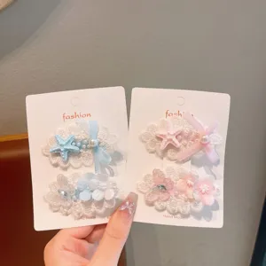 Sweet lace hair clips set with pearls and cute starfish design for women fashion.