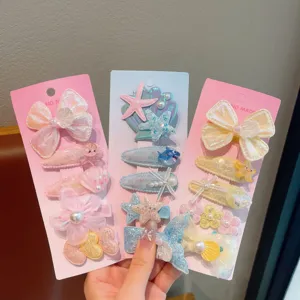 Kids shell mermaid hair clips set, cute pearl bow star hairpins for girls daily wear.