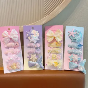Kids Cute Mermaid Shell Starfish Hair Clips Set Girls Resin Pearl Sequin Hairpins Children Sweet Hair Accessories Gift