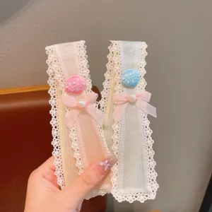 Cute lace hair fringe sticker for kids girls, sweet hair accessory details and close up view.