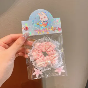 Korean style pink plaid lace hair scrunchie with pearls and cute starfish pendants.