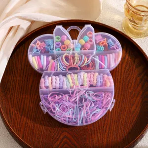 Children hair ties set in Mickey storage box, colorful rubber bands and mini clips for girls.