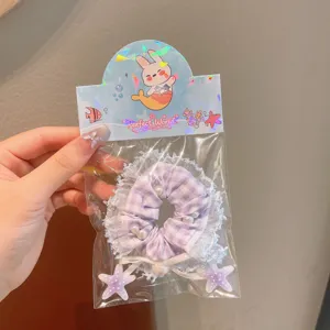 Korean style purple gingham lace scrunchie with pearls and starfish pendants hair accessory.