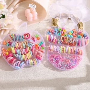 Kids colorful hair ties set with cute bow and apple storage boxes rubber bands