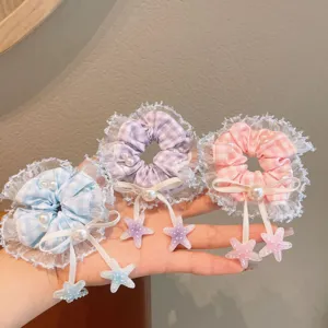 Korean lace scrunchies detailed shot featuring cute plaid patterns and pearl star pendants.