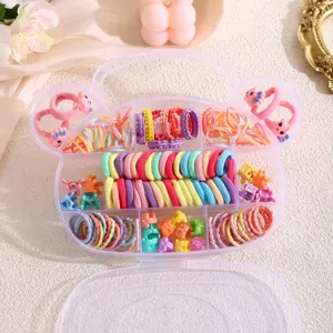 Cute kids hair ties set in bear storage box, colorful elastic rubber bands and mini clips for girls.