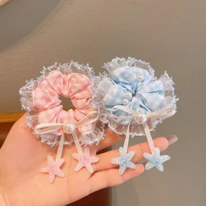 Cute Korean style lace plaid hair scrunchie detail with glossy pearls and lovely star pendant.