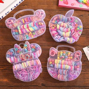 Kids cute colored hair ties rubber bands set in 4 portable transparent storage boxes