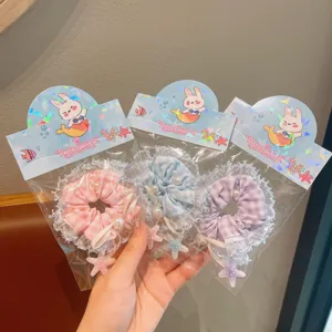 Korean Lace Plaid Hair Scrunchie Pearl Starfish Pendant Sweet Hair Tie Ponytail Holder Hair Accessories for Women