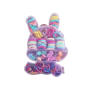 Cute rabbit storage box with colorful kids hair ties and mini hair clips set. Perfect for girls.