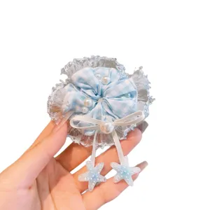 Korean style blue plaid lace hair scrunchie with pearls and star charms for women main