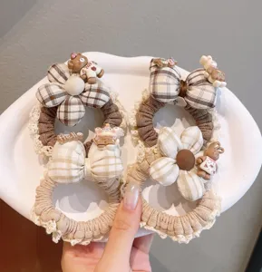Cute plaid hair scrunchies with lace trim and lovely bear resin charms for women daily wear