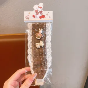 Cute lace wide headband with brown floral fabric, resin rabbit charm and bow, for daily wear.