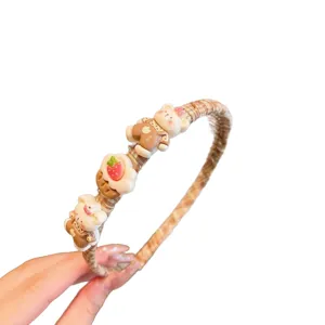Joli bandeau à carreaux marron avec oursons de dessin animé et fraise pour filles.