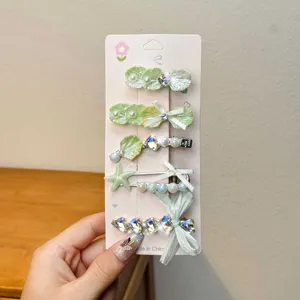 Mint green seashell starfish hair clip set pearls crystal bows cute sweet girls hair accessories