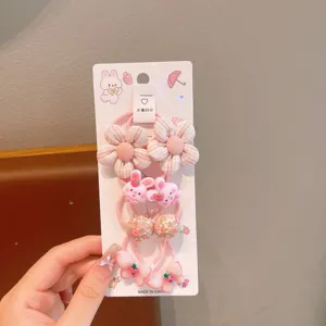 Cute children hair tie set with sweet pink floral and cute bunny design for sweet girls