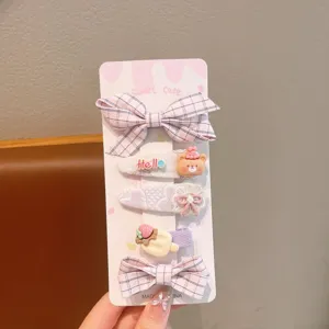 Cute pink bow hair clips set for girls sweet cartoon bear lace hair accessories detail