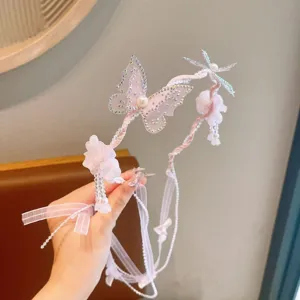 Kids pink butterfly hair hoop with mesh ribbon pearls for party performance detail view