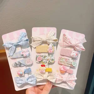 Cute Korean style children pink bow fabric hair clips sweet cartoon duckbill hairpins set
